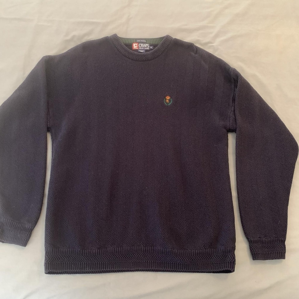 Vintage Chaps Ralph Lauren Sweater Mens XL Blue Herringbone Cotton Logo Crewneck